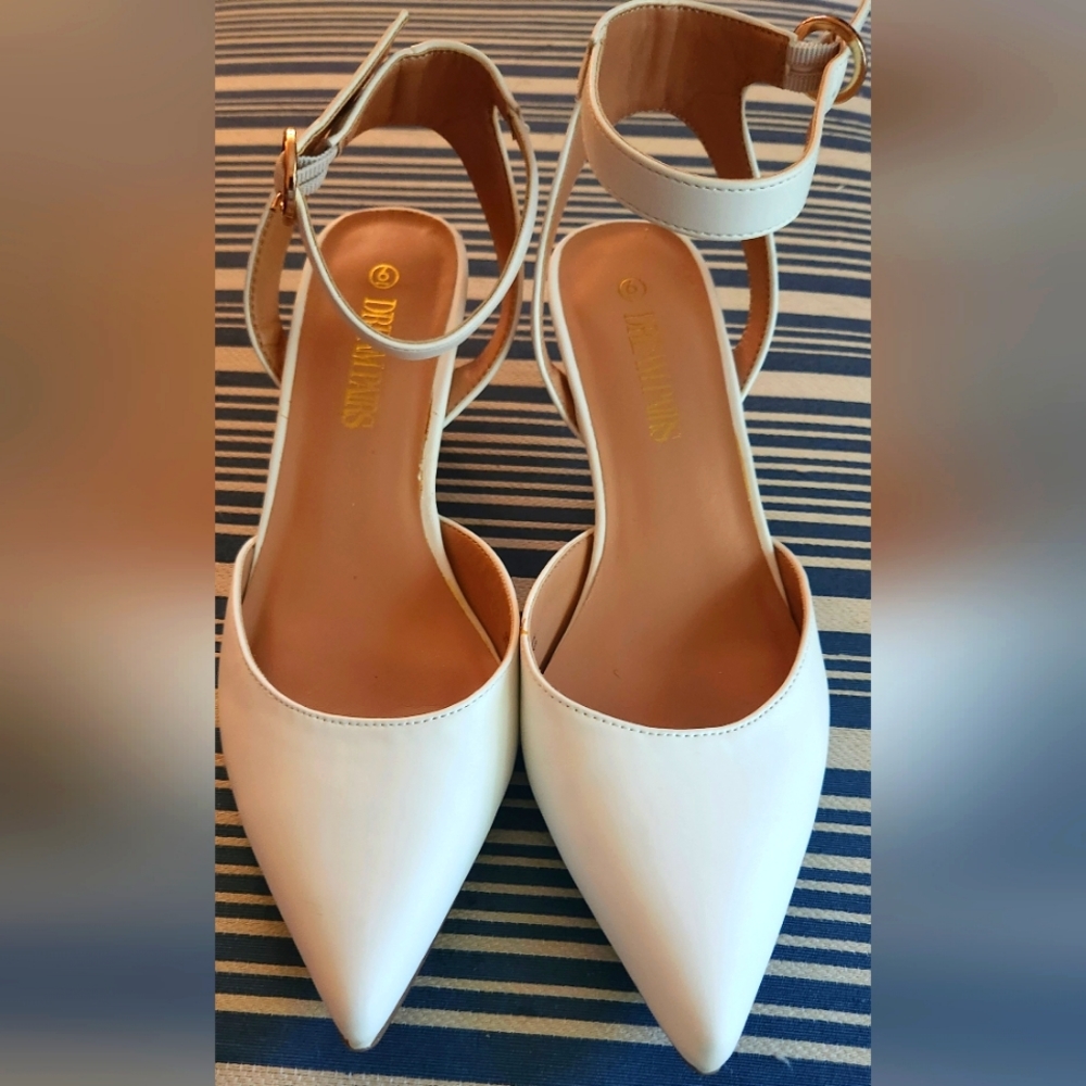 Off White Kitten Heels w/ ankle strap.
